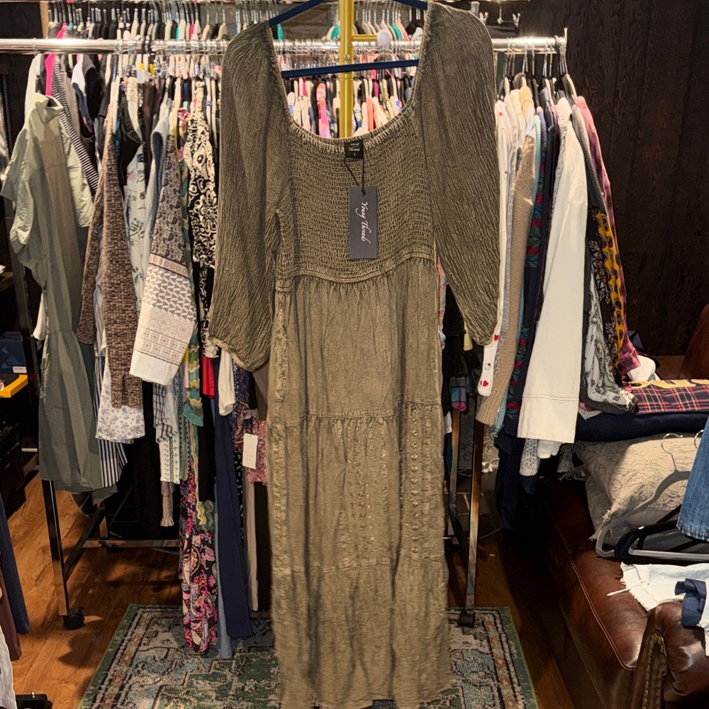 NWT Young Threads Olive Green Tiered Maxi Dress w/pockets